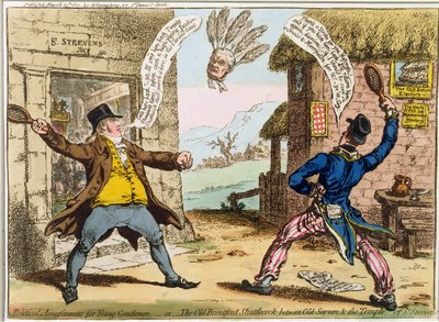 Politieke Amusementen voor Jonge Heren, of De Oude Brentford Shuttlecock, tussen Old Sarum en de Tempel van St. Steevens, gepubliceerd door Hannah Humphrey door James Gillray